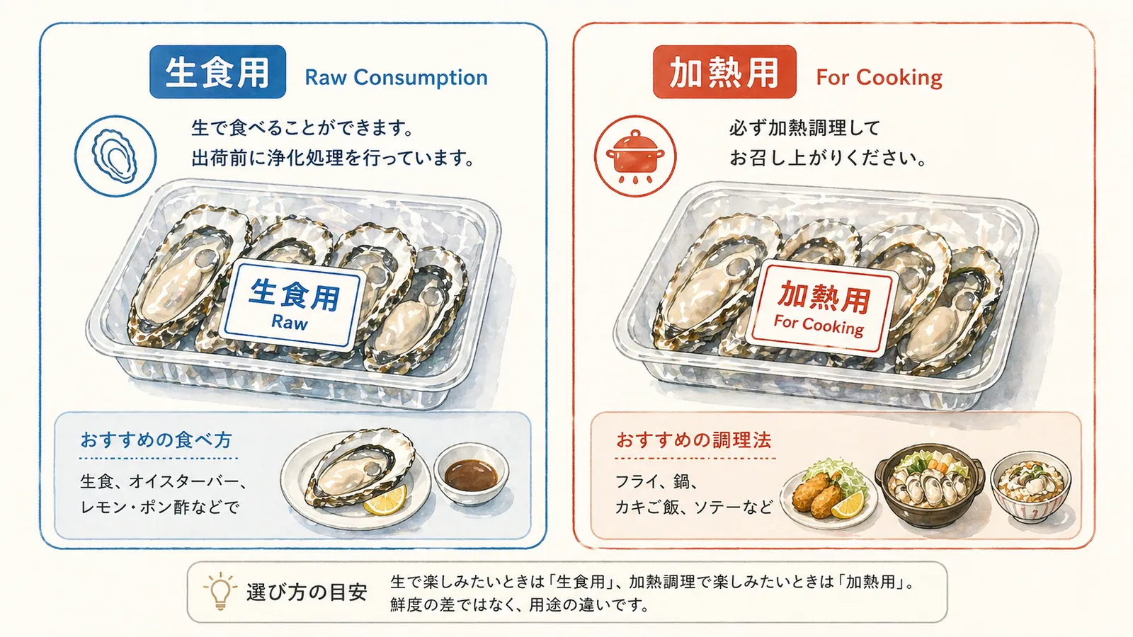 「生食用」と「加熱用」のラベルが分かれた牡蠣のパッケージを比較する場面。鮮度の差ではなく海域指定と浄化処理の違いによるラベル区分を視覚化。