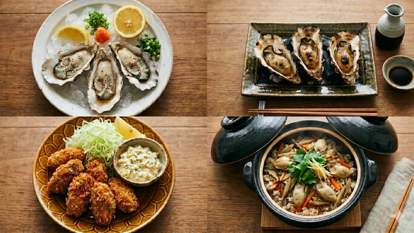 牡蠣の代表的な4つの調理法(生・焼き・揚げ・煮)を 2×2 グリッドで並べた俯瞰写真。生牡蠣・焼き牡蠣・カキフライ・煮込みのバリエーションを一覧で示す。