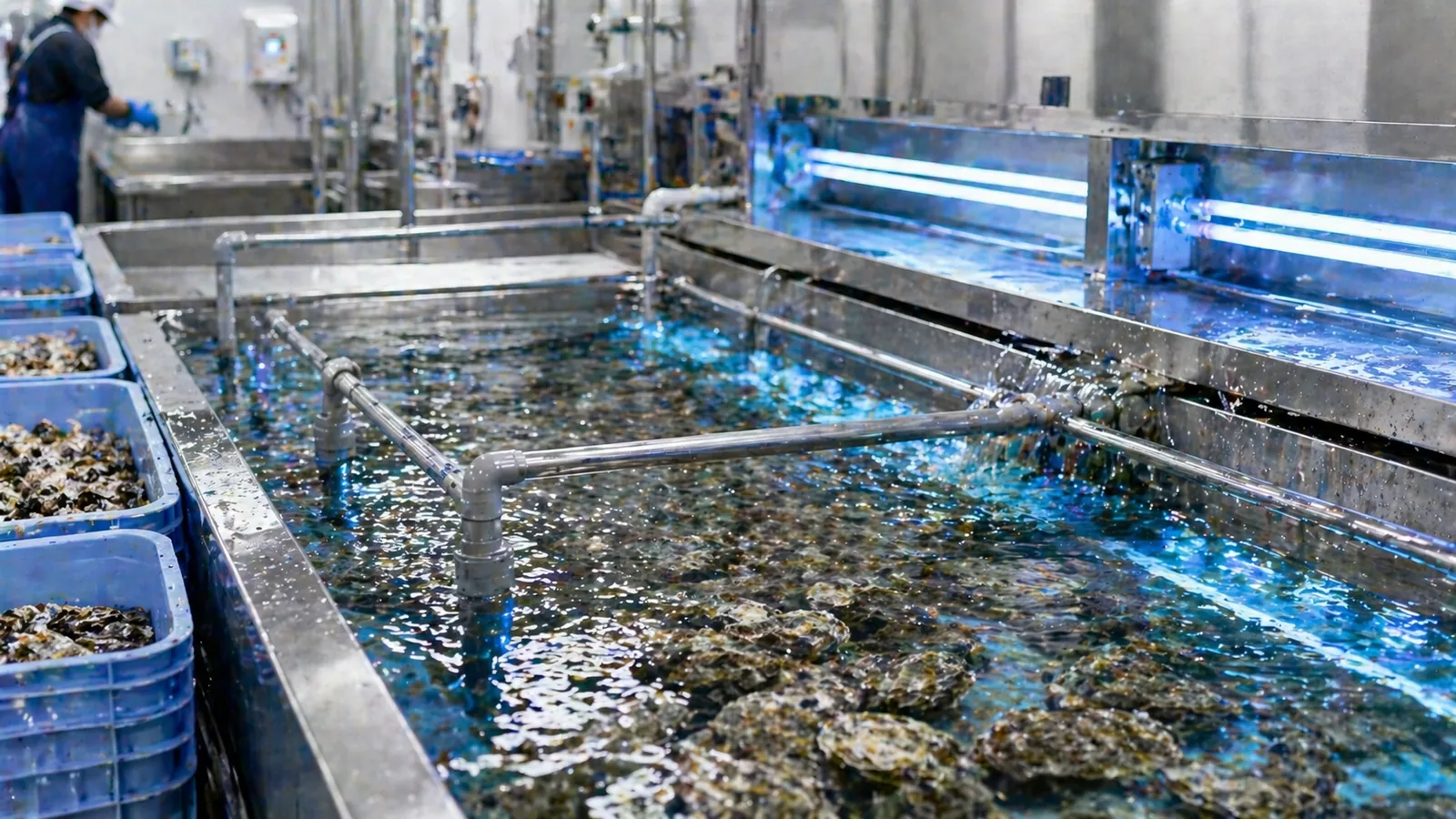 生食用牡蠣の浄化処理工程・衛生管理の現場を象徴するビジュアル。出荷前の品質管理を行うクリーンな作業空間。