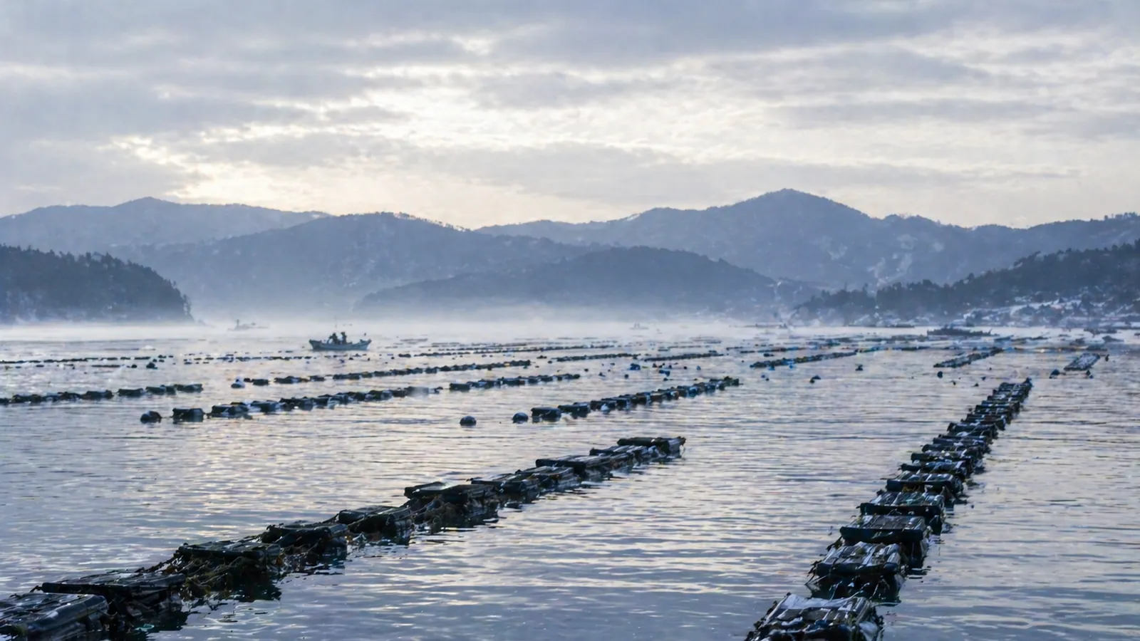 冬の三陸・広田湾の海と、整然と並ぶ養殖筏。マガキの旬(11月-3月)を象徴する寒色トーンの養殖風景。